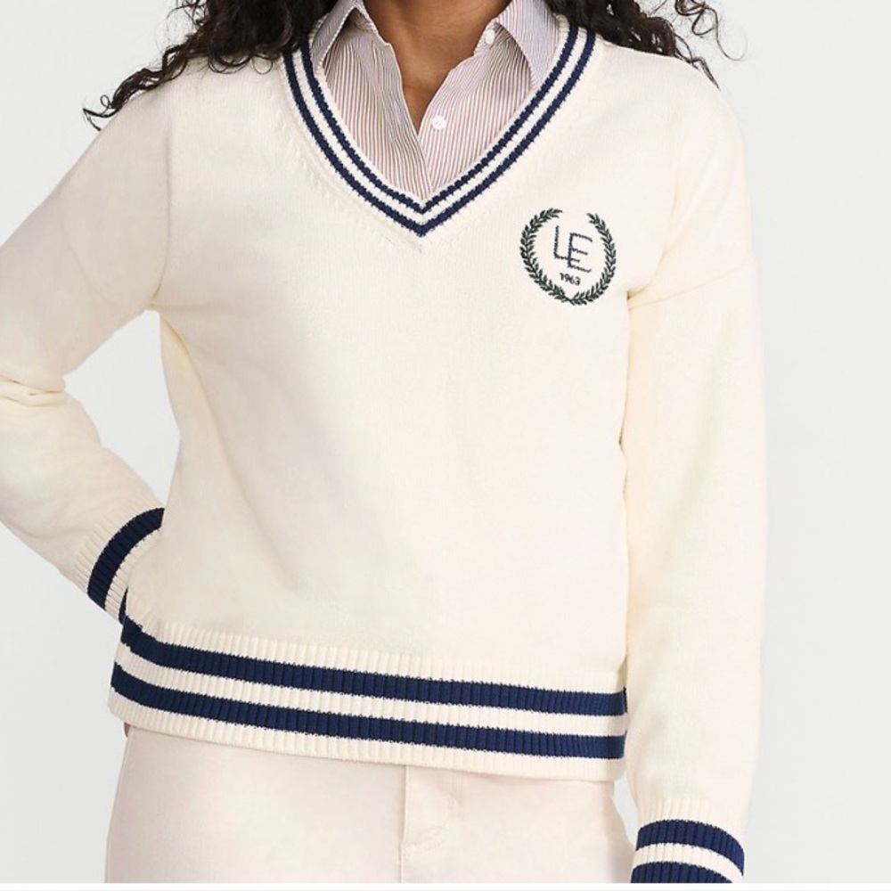 Land’s End Drifter Varsity V-neck Sweater Women’s Large Tenniscore Prep